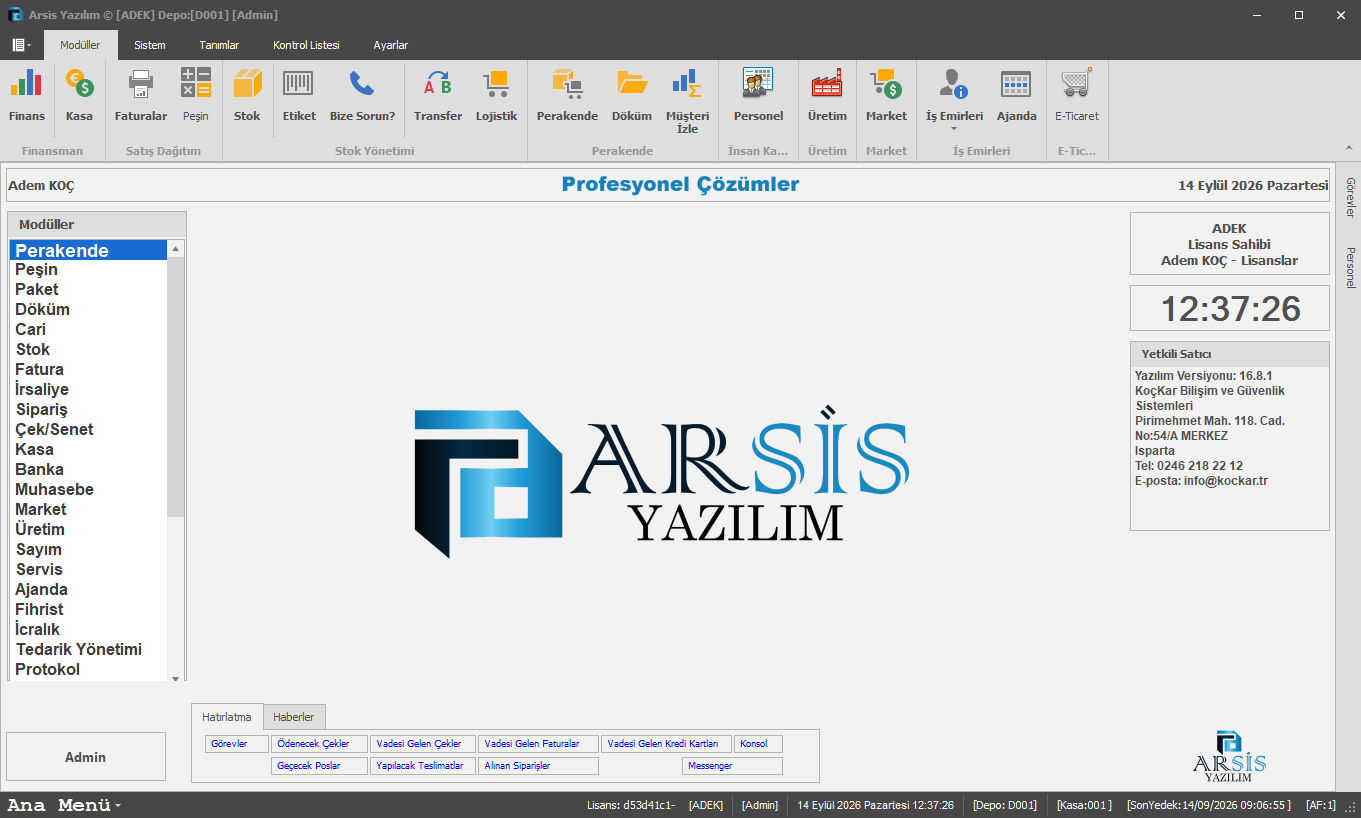 ARSİS ERP ana ekranı